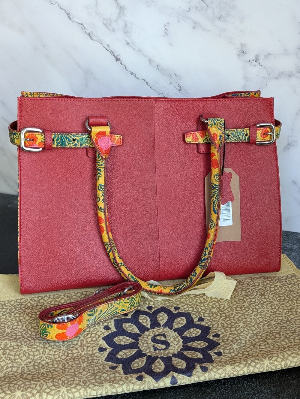 Sukriti Hand Painted, Embossed Leather Tote Bag with Floral Accents - Picture 9 of 10